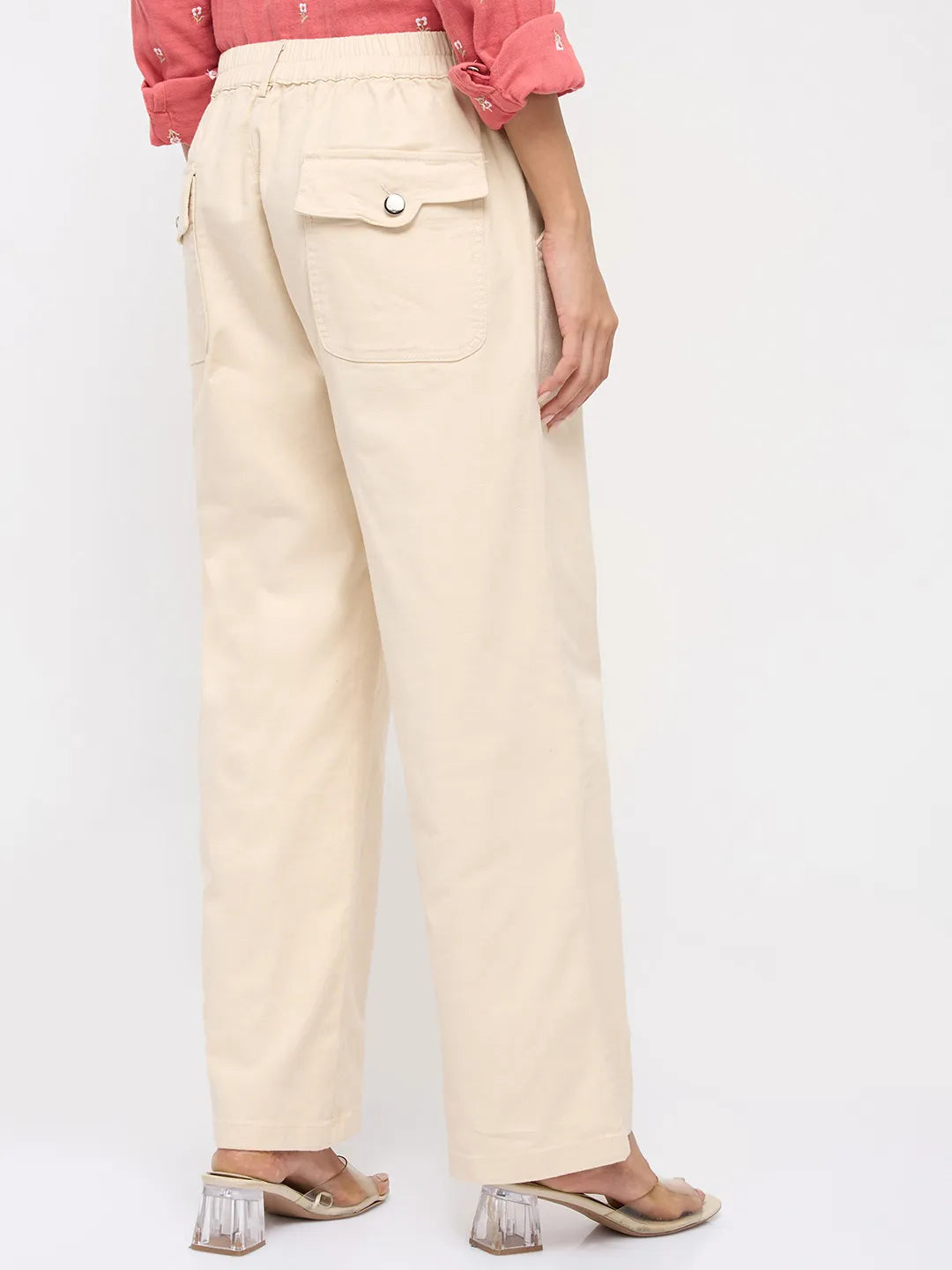 Women Trouser Straight Fit White Mid Rise