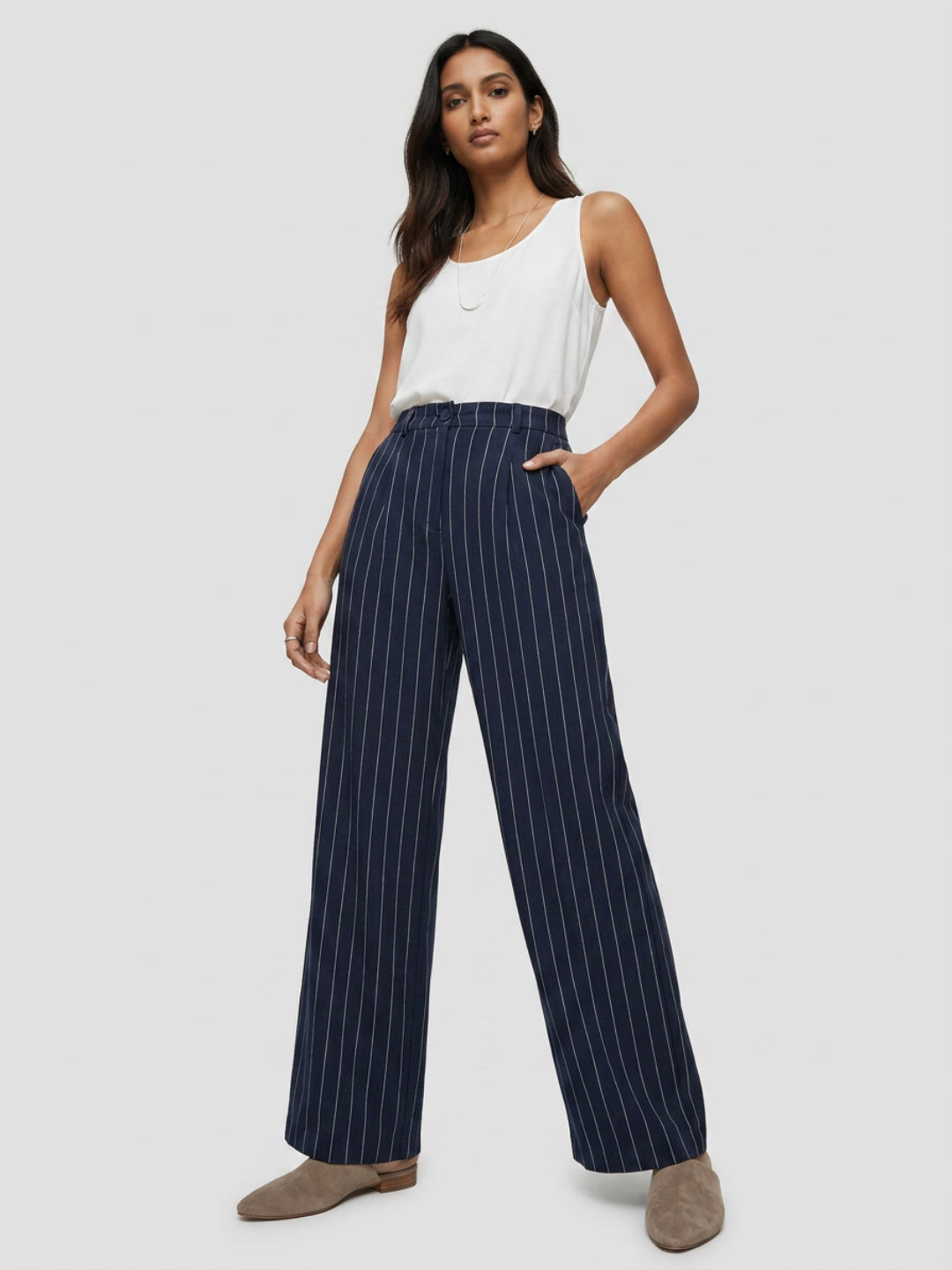 Women Trouser Wide Leg Navy Blue Mid Rise