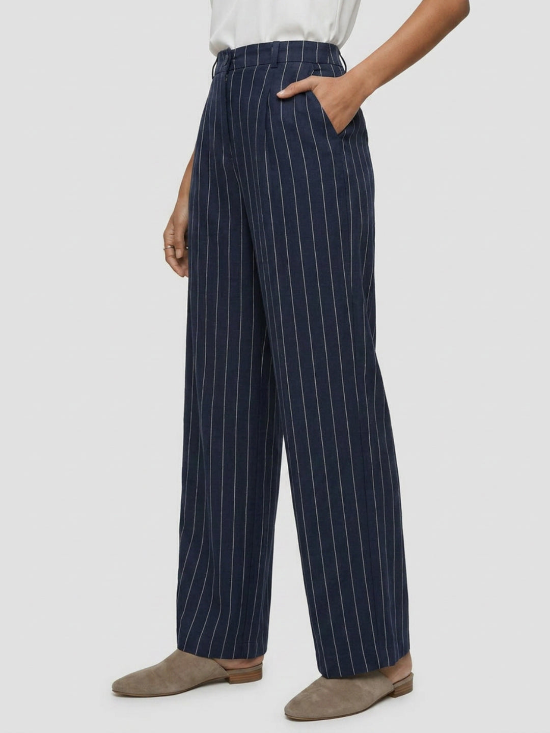 Women Trouser Wide Leg Navy Blue Mid Rise