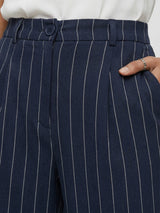 Women Trouser Wide Leg Navy Blue Mid Rise