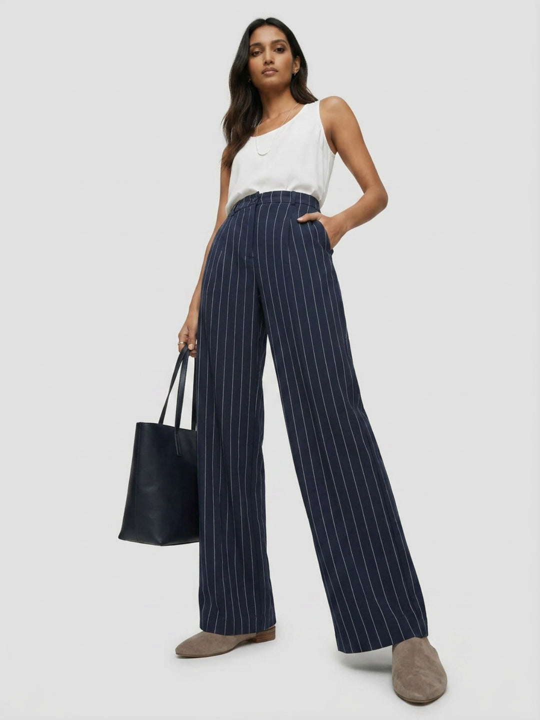 Women Trouser Wide Leg Navy Blue Mid Rise