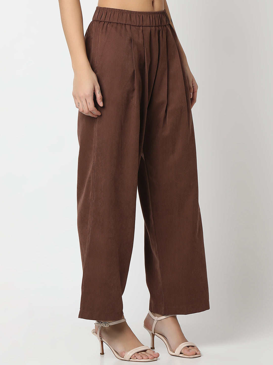 Women Trouser Loose Fit Brown High Rise