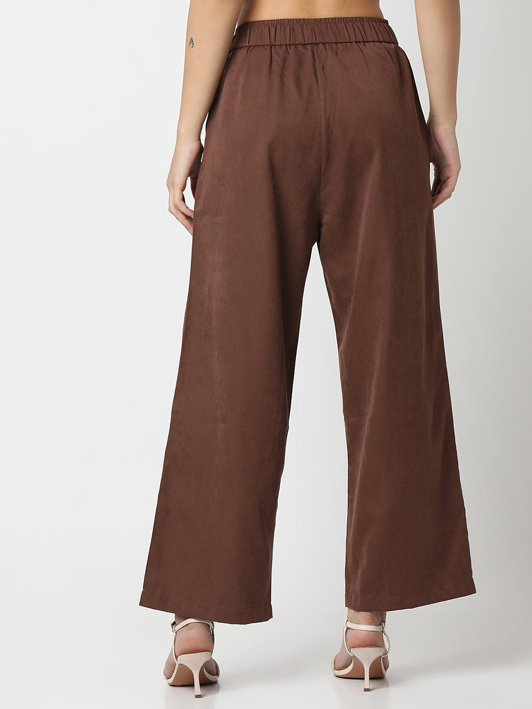 Women Trouser Loose Fit Brown High Rise