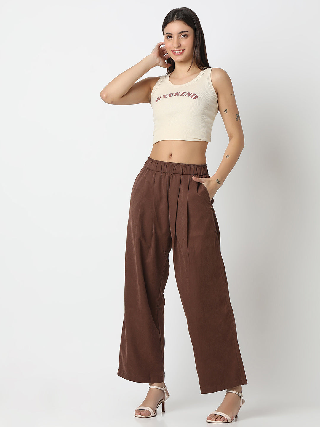 Women Trouser Loose Fit Brown High Rise
