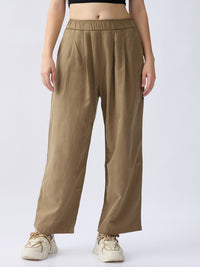 Women Trouser Loose Fit Olive Green High Rise