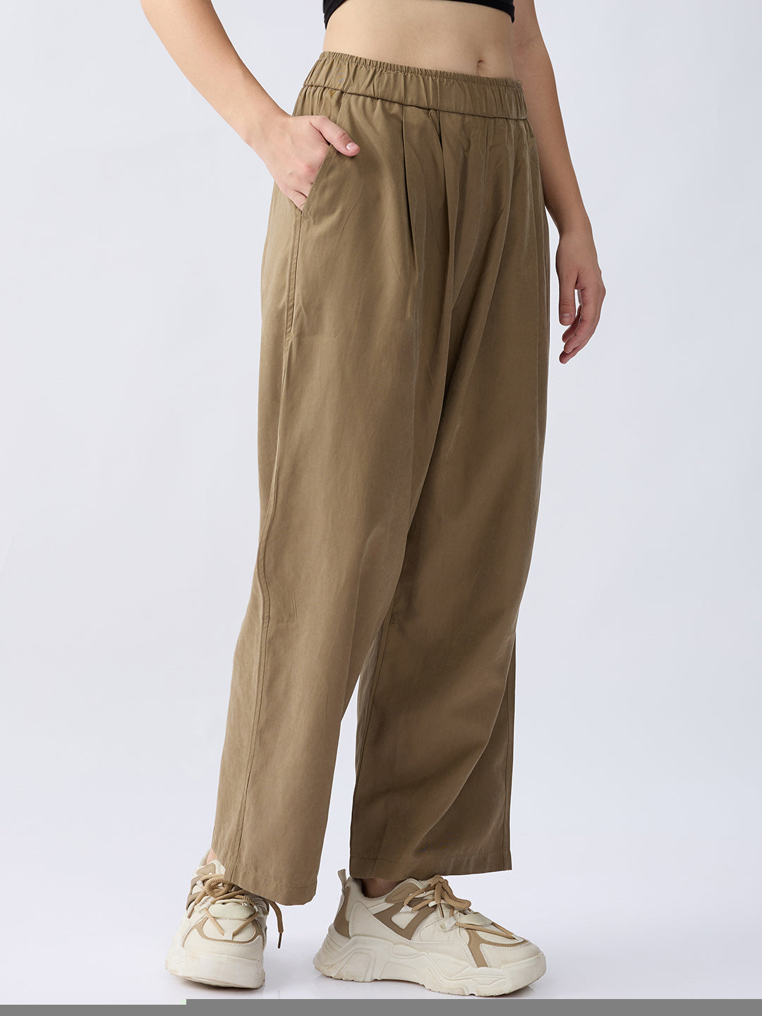 Women Trouser Loose Fit Olive Green High Rise