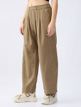 Women Trouser Loose Fit Olive Green High Rise