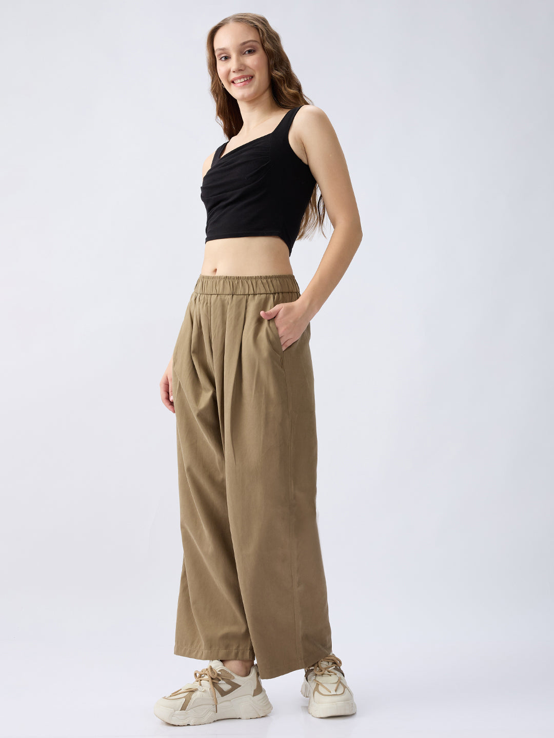 Spykar Olive Green High Rise Loose Fit Casual Trousers For Women