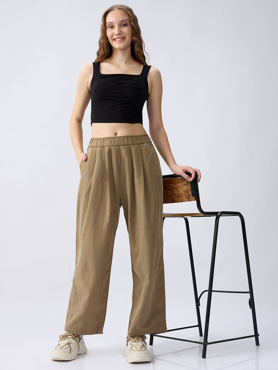 Women Trouser Loose Fit Olive Green High Rise