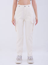 Women Trouser Cargo Fit White Mid Rise