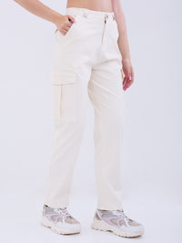 Women Trouser Cargo Fit White Mid Rise