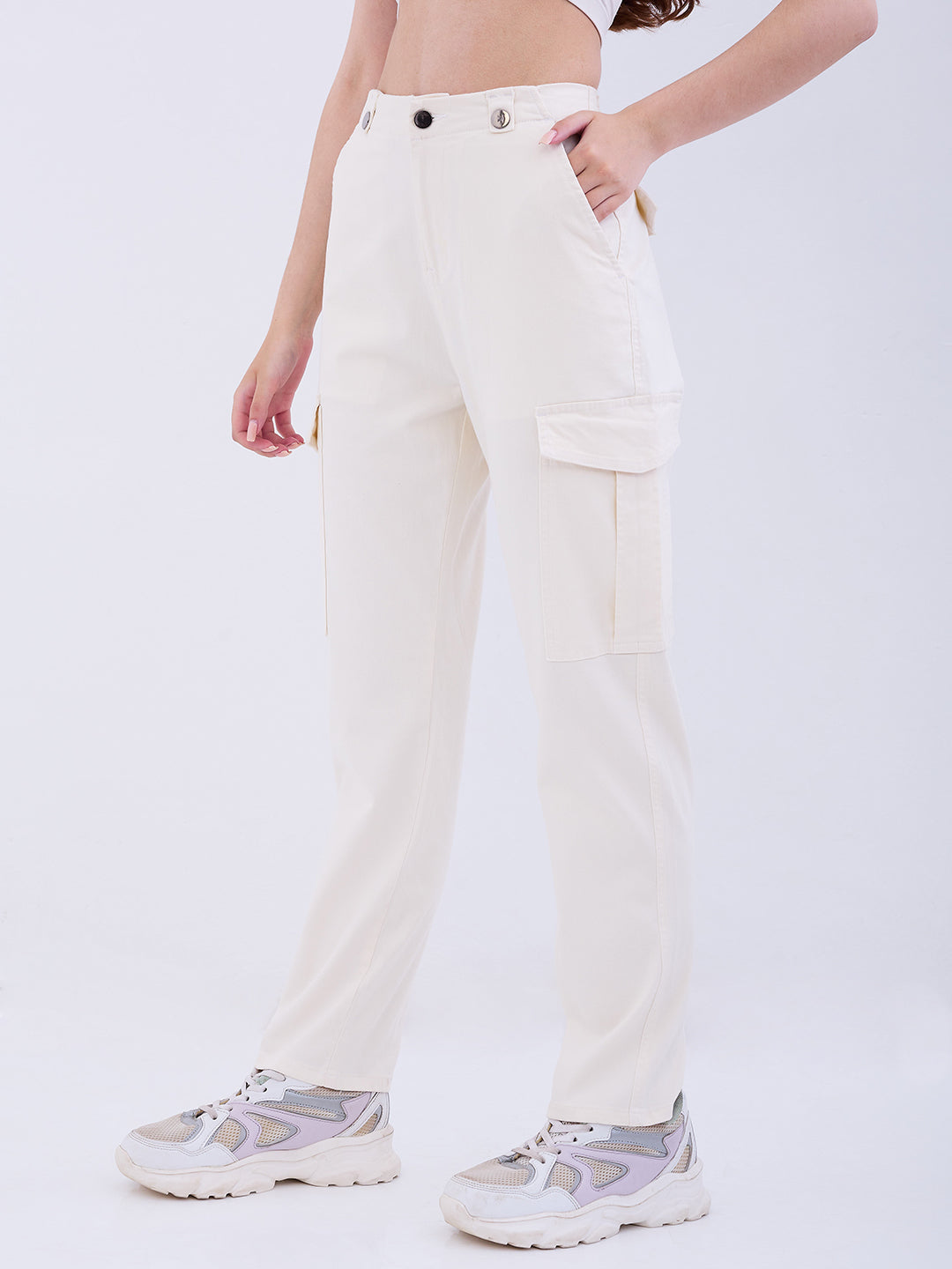 Spykar Cream White Mid Rise Cargo Fit Casual Trousers For Women