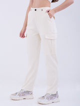 Women Trouser Cargo Fit White Mid Rise