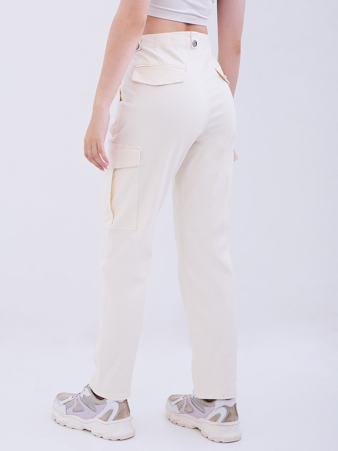 Women Trouser Cargo Fit White Mid Rise