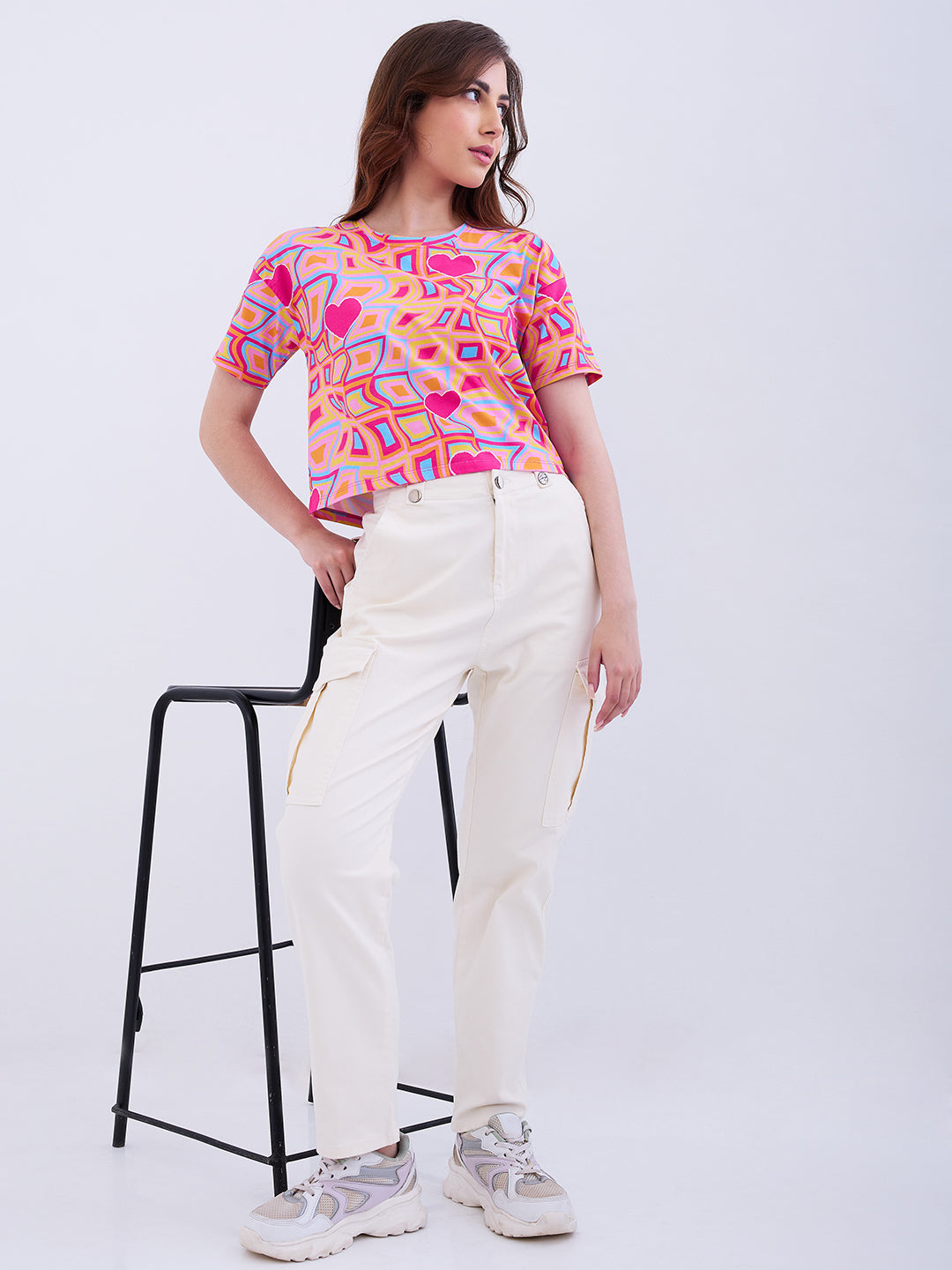 Spykar Cream White Mid Rise Cargo Fit Casual Trousers For Women