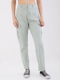 Women Trouser Cargo Fit Blue Mid Rise