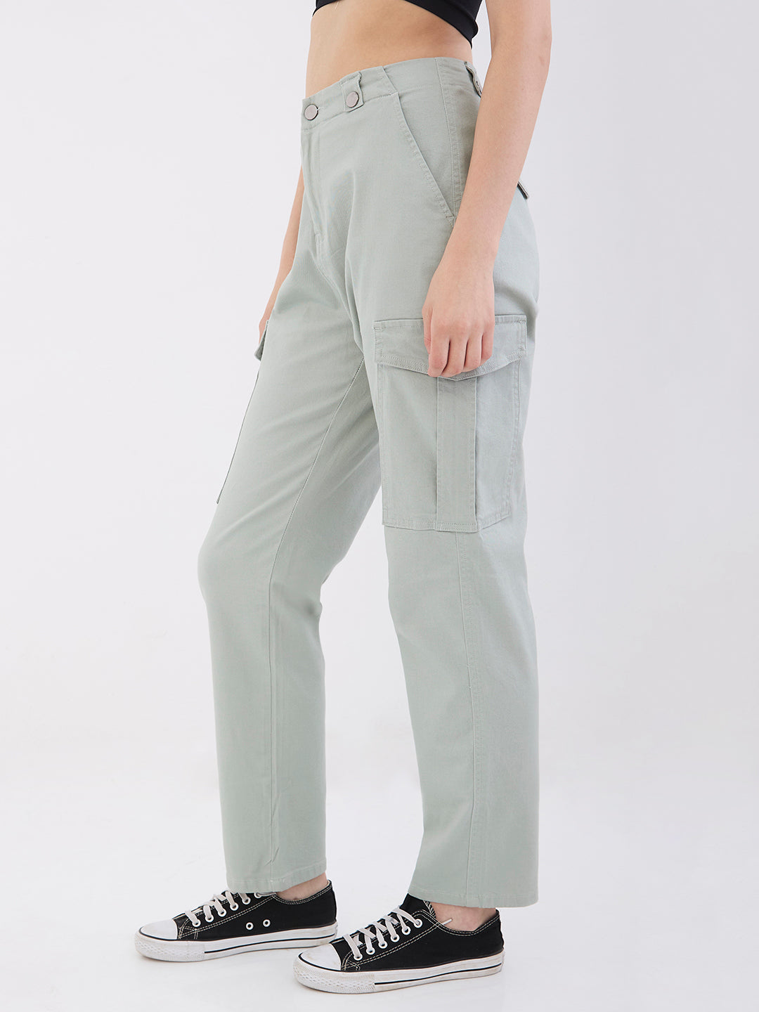 Spykar Dusty Blue Mid Rise Cargo Fit Casual Trousers For Women