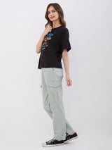Women Trouser Cargo Fit Blue Mid Rise