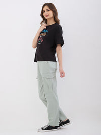 Women Trouser Cargo Fit Blue Mid Rise