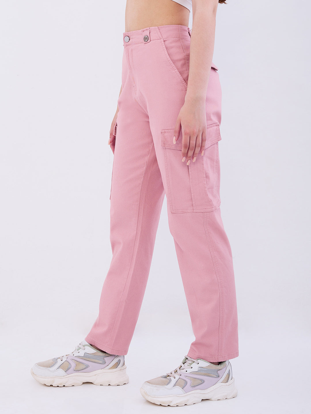 Women Trouser Cargo Fit Pink Mid Rise