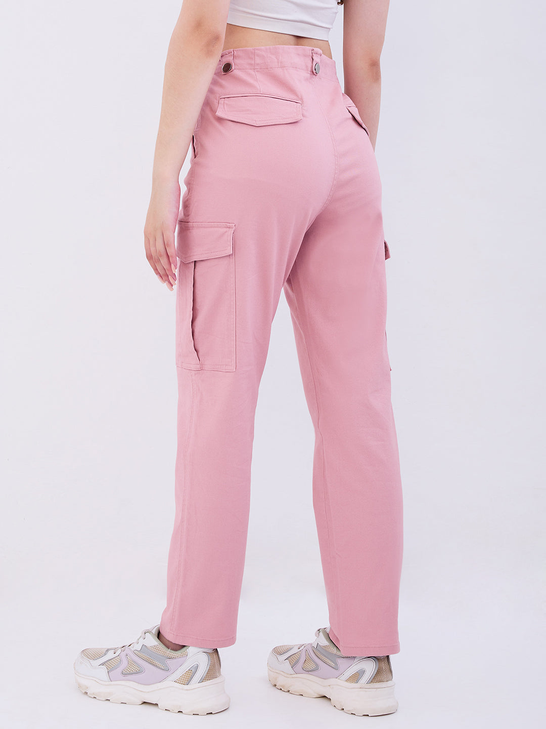 Women Trouser Cargo Fit Pink Mid Rise