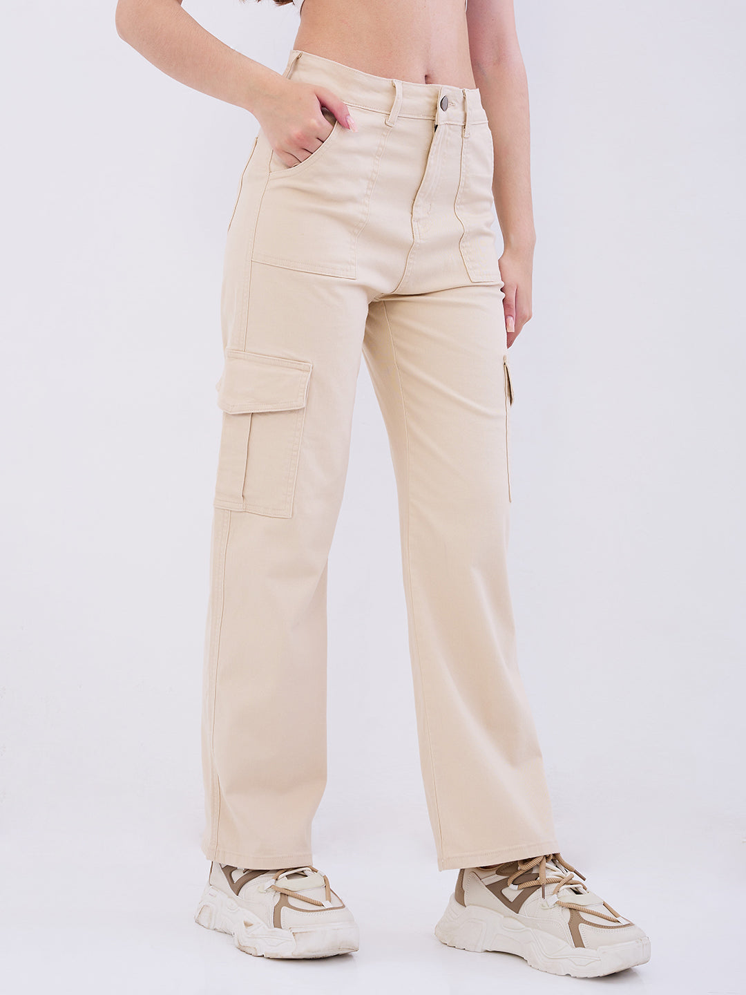 Women Trouser Cargo Fit Beige High Rise