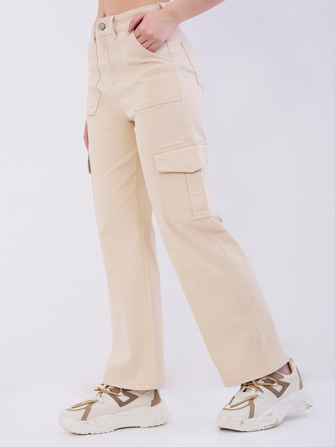 Women Trouser Cargo Fit Beige High Rise