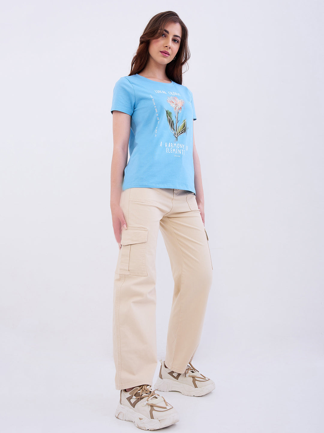 Women Trouser Cargo Fit Beige High Rise