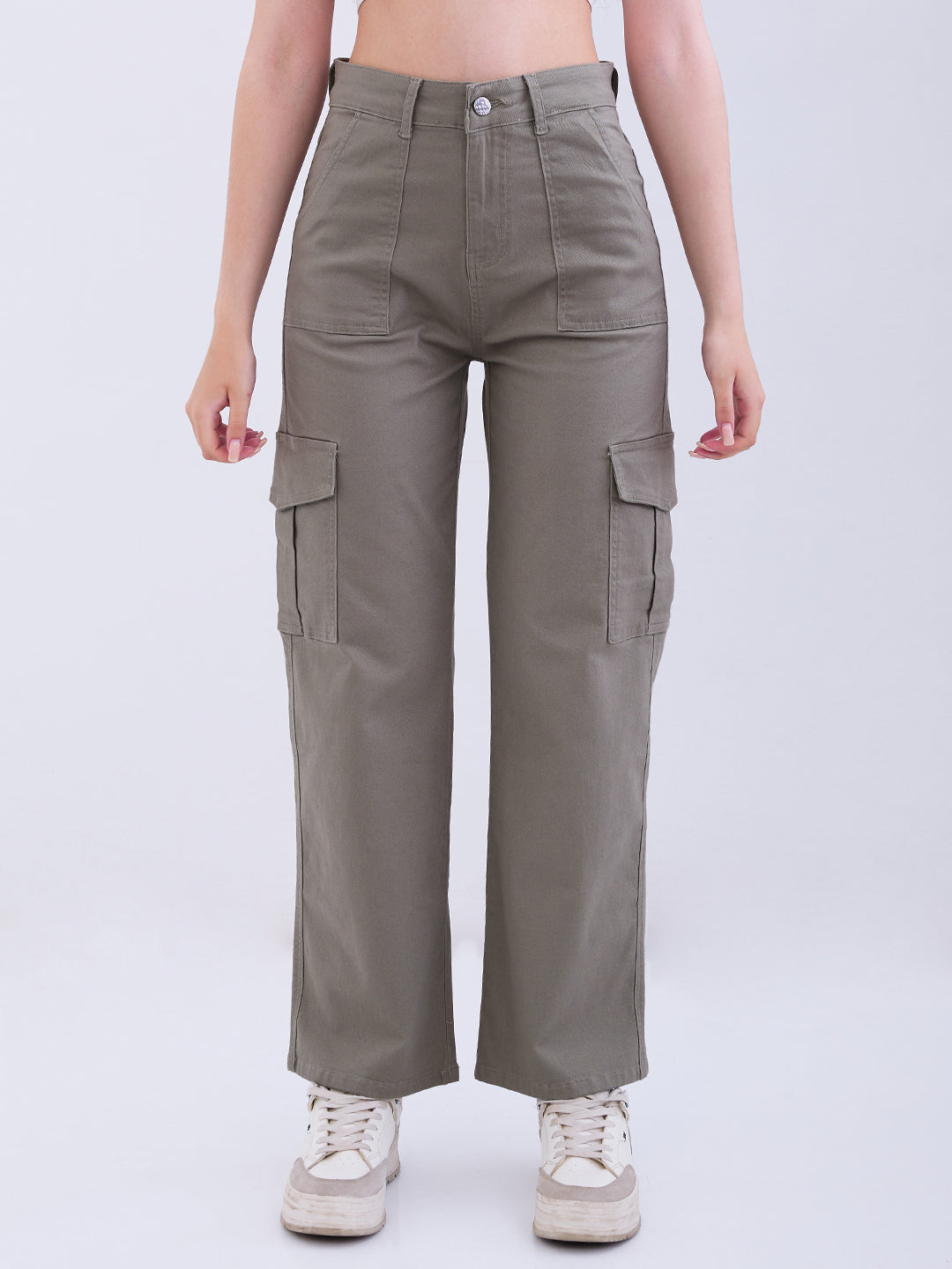 Women Trouser Cargo Fit Olive High Rise