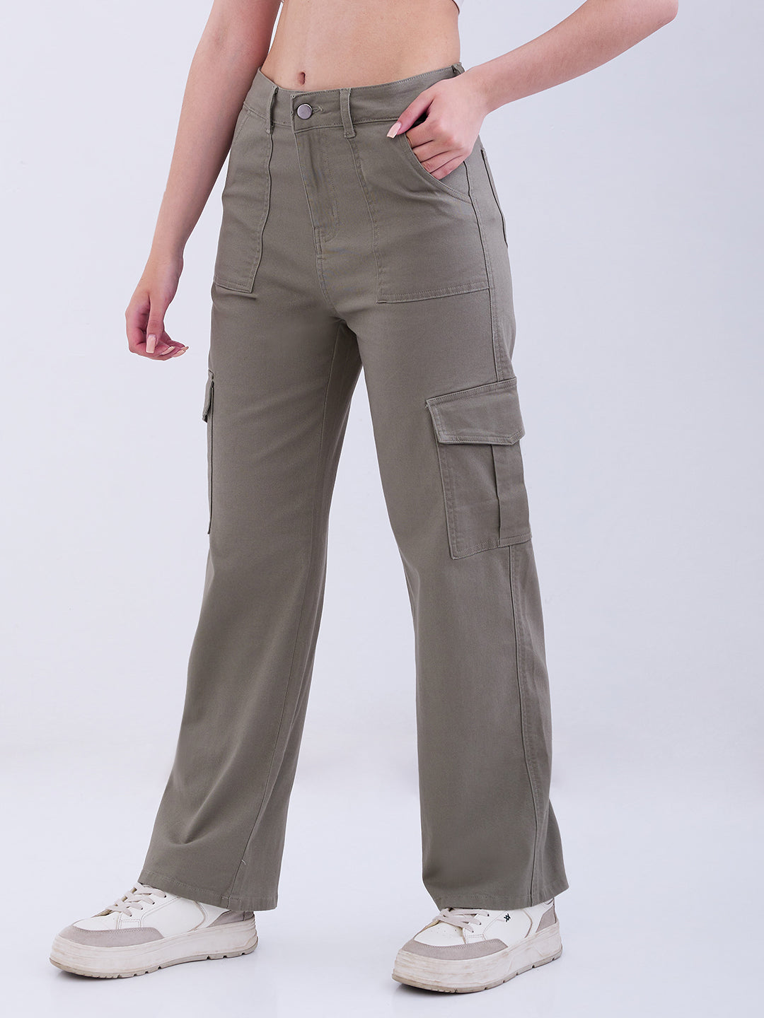 Women Trouser Cargo Fit Olive High Rise