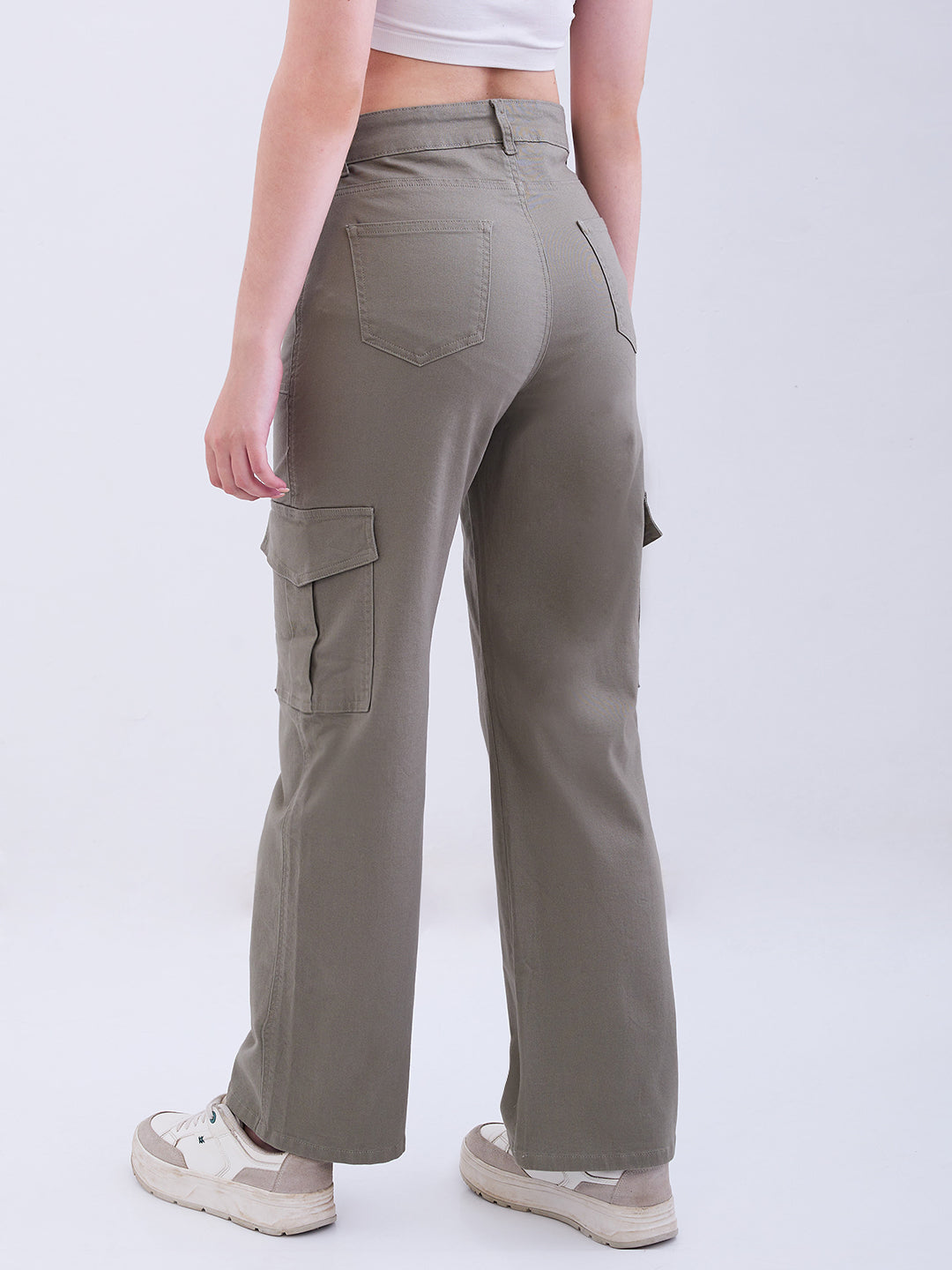 Spykar Dull Olive High Rise Cargo Fit Casual Trousers For Women
