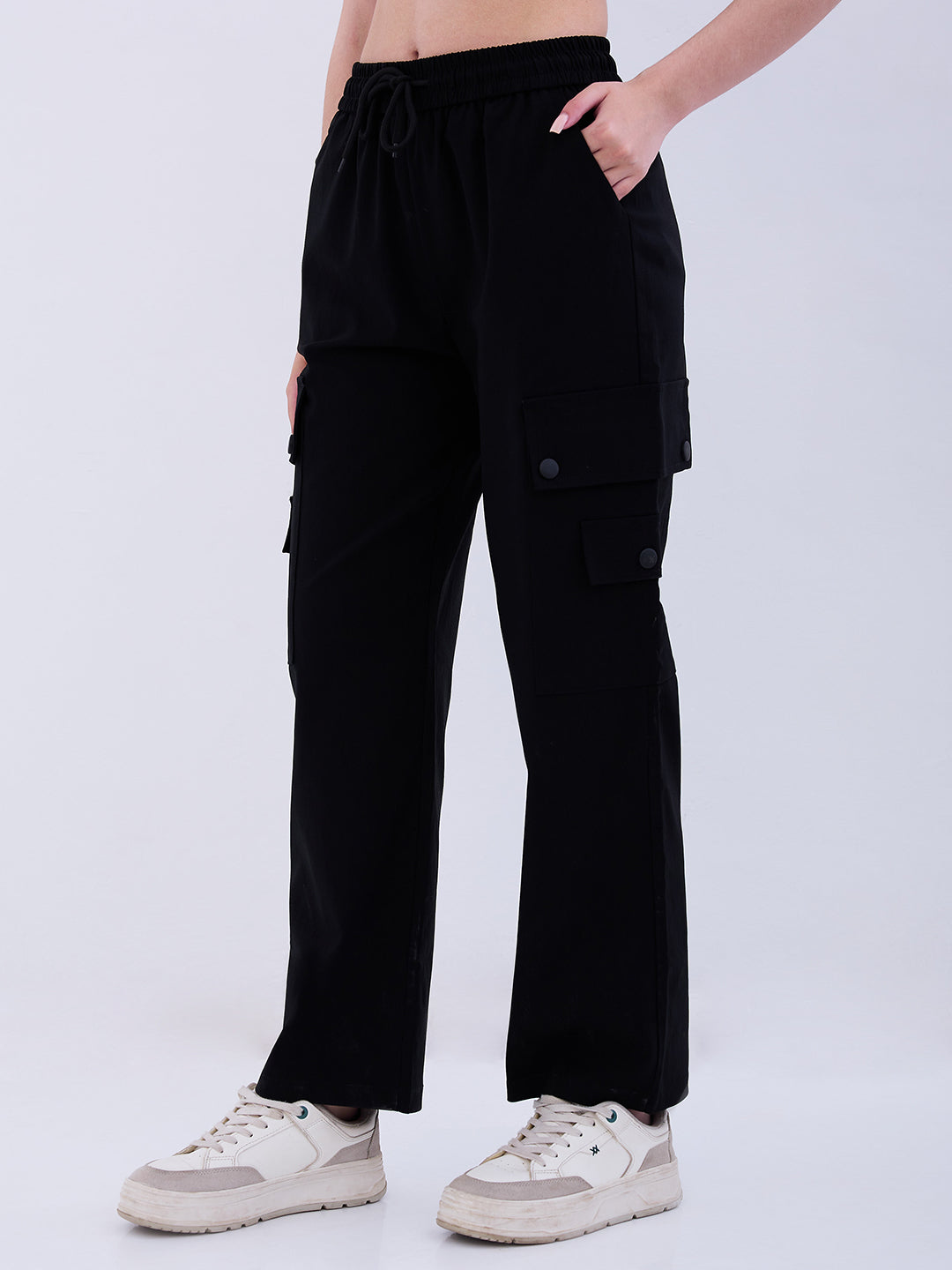Women Trouser Cargo Fit Black High Rise