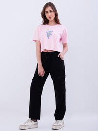 Women Trouser Cargo Fit Black High Rise