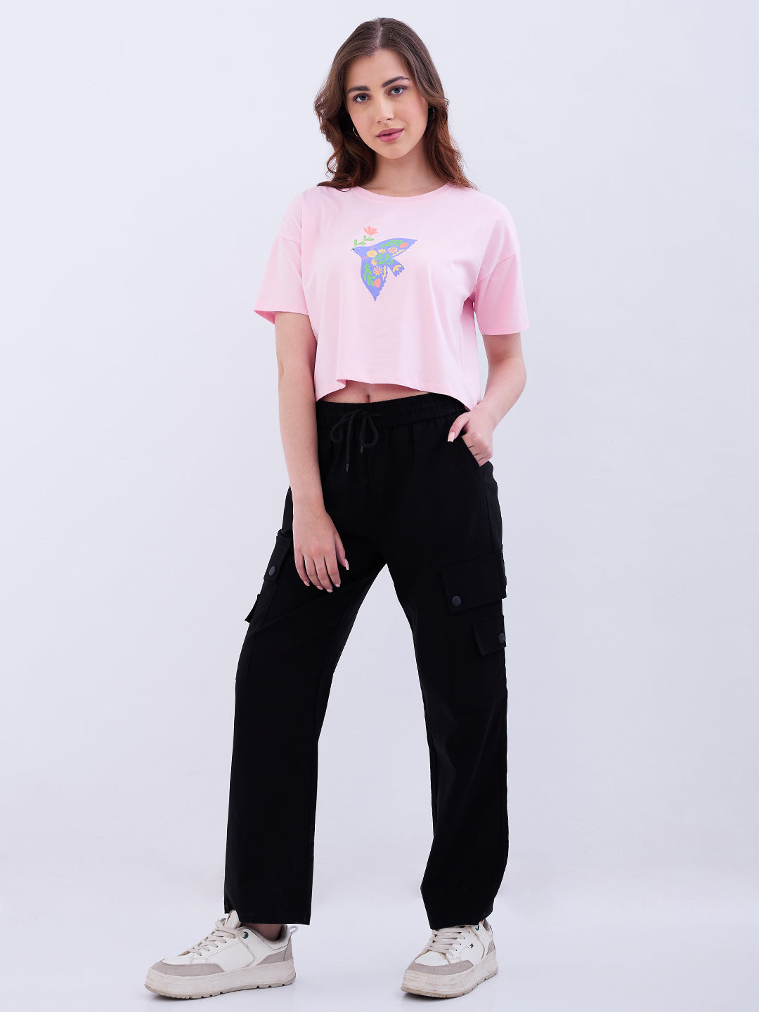 Women Trouser Cargo Fit Black High Rise