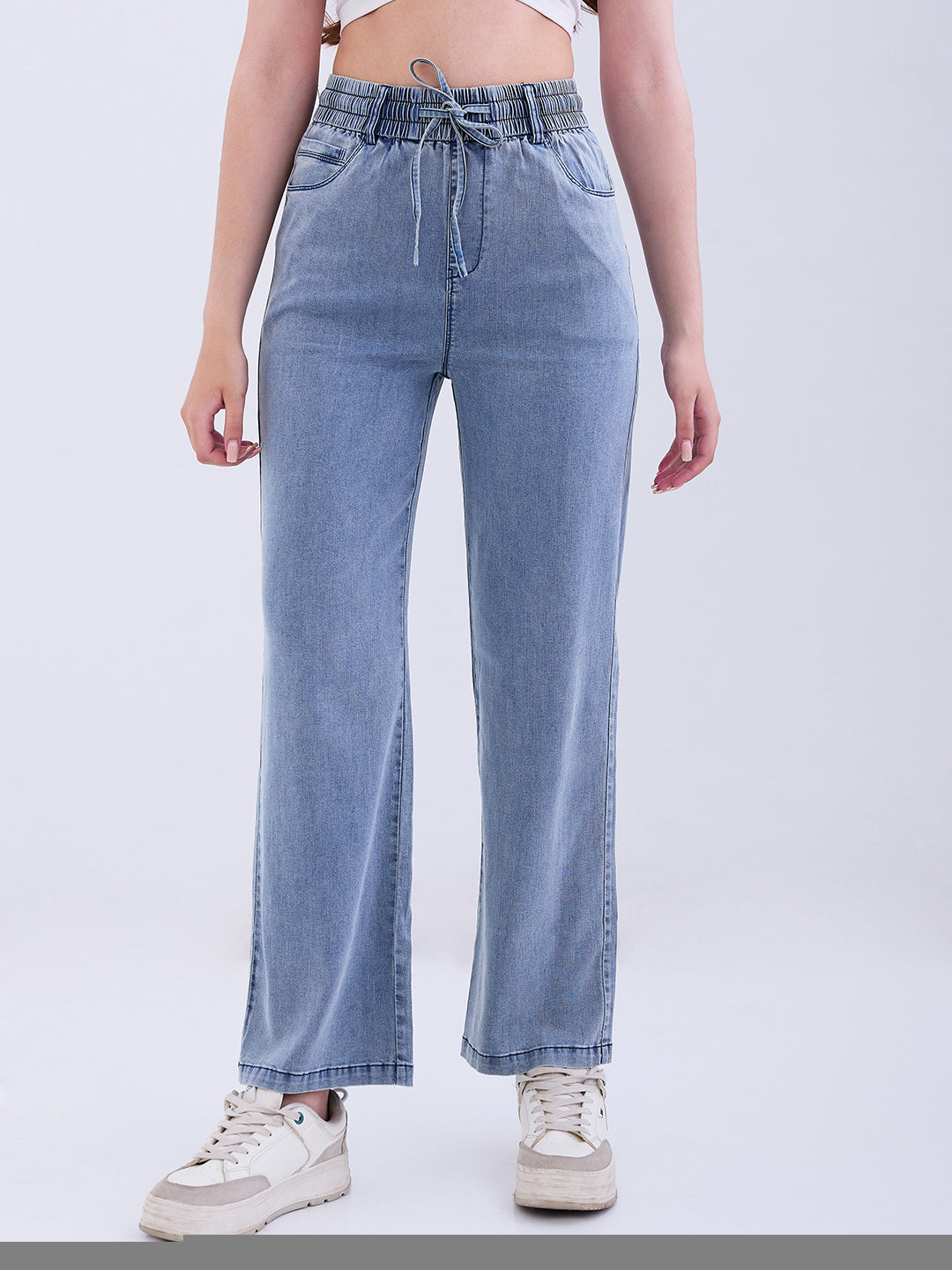 Spykar Light Blue High Rise Straight Fit Casual Trousers For Women