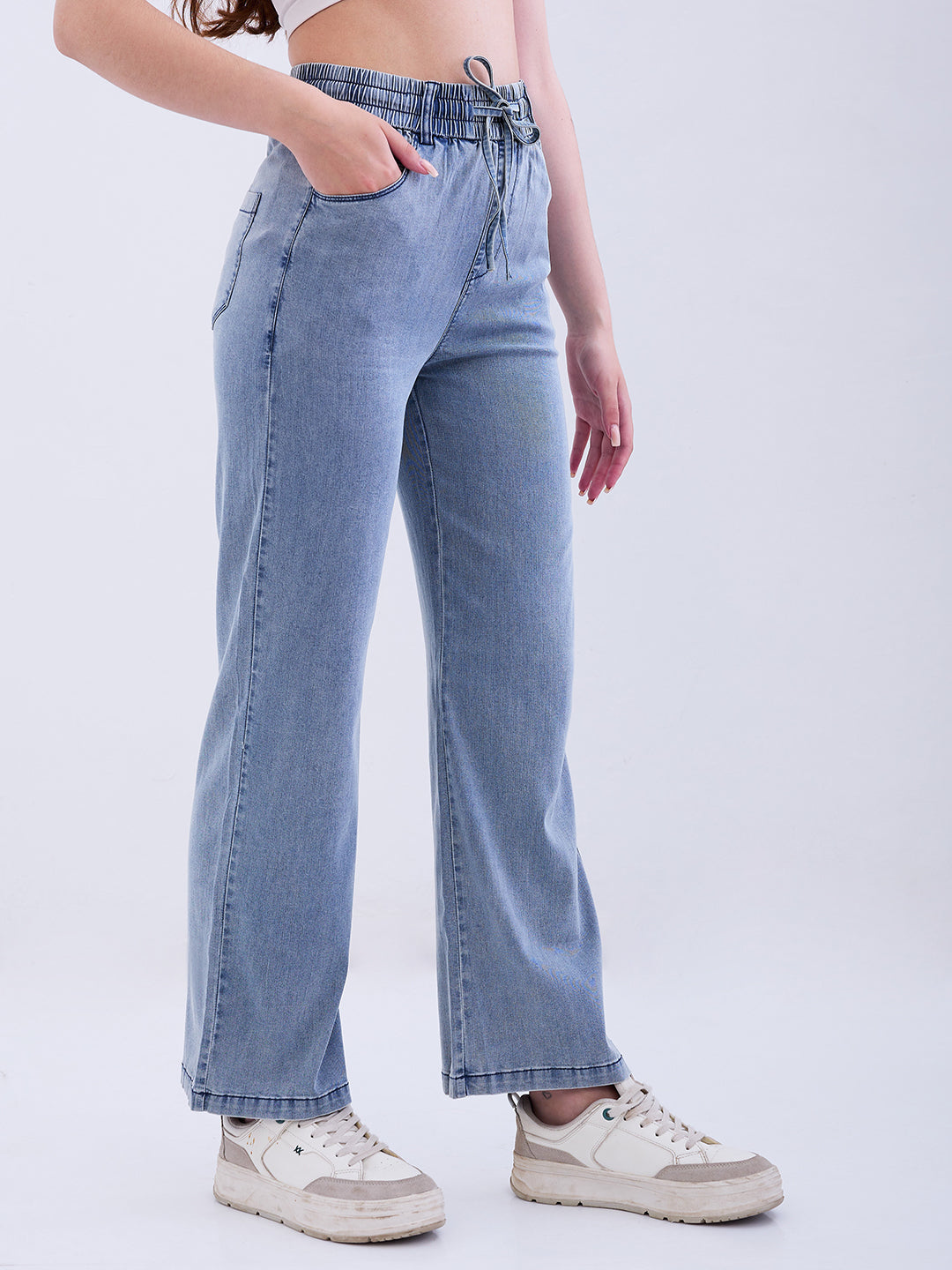 Spykar Light Blue High Rise Straight Fit Casual Trousers For Women
