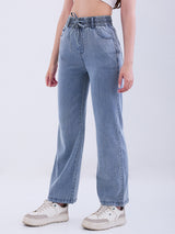 Women Trouser Straight Fit Blue High Rise