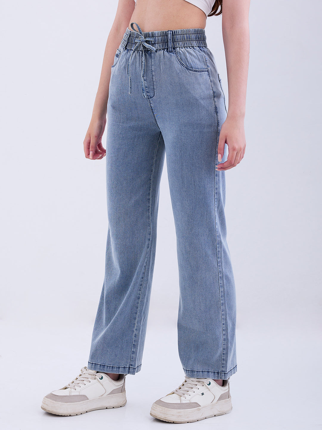 Women Trouser Straight Fit Blue High Rise