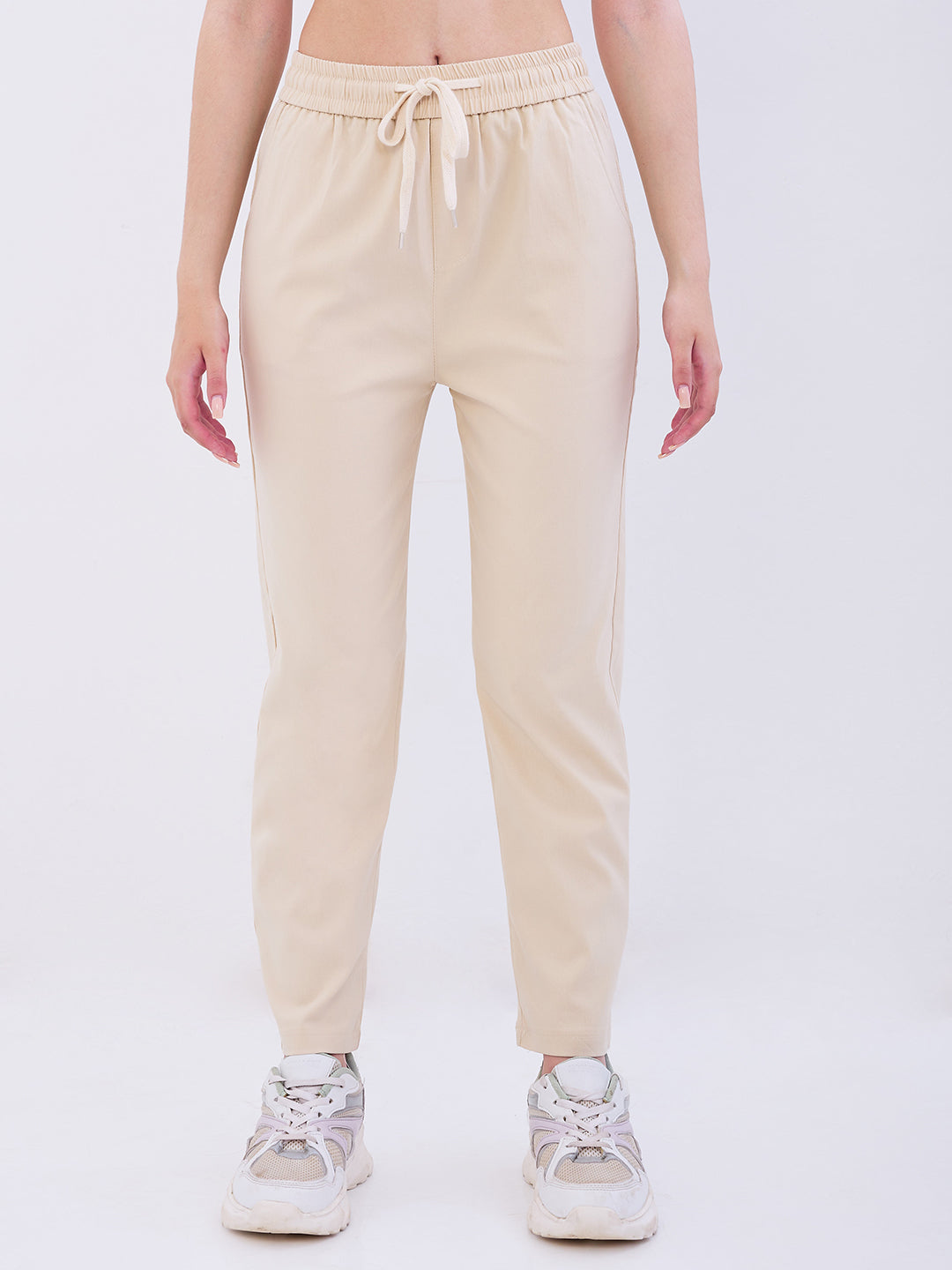 Women Trouser Slim Fit Beige Mid Rise