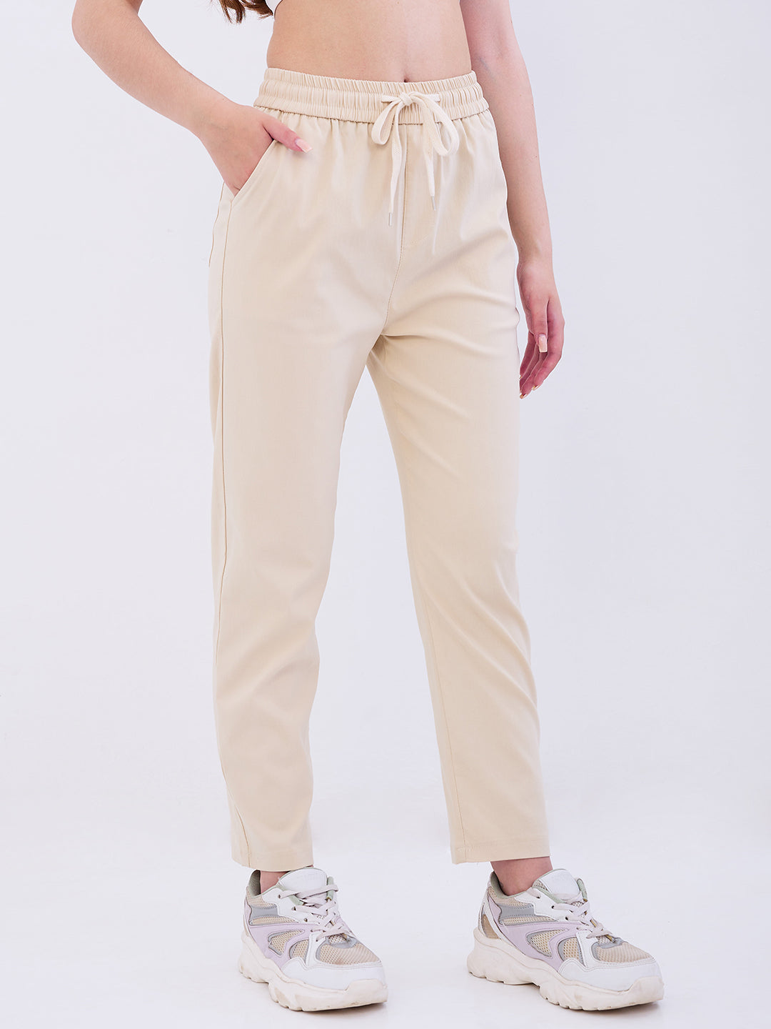 Women Trouser Slim Fit Beige Mid Rise