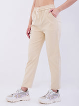 Women Trouser Slim Fit Beige Mid Rise