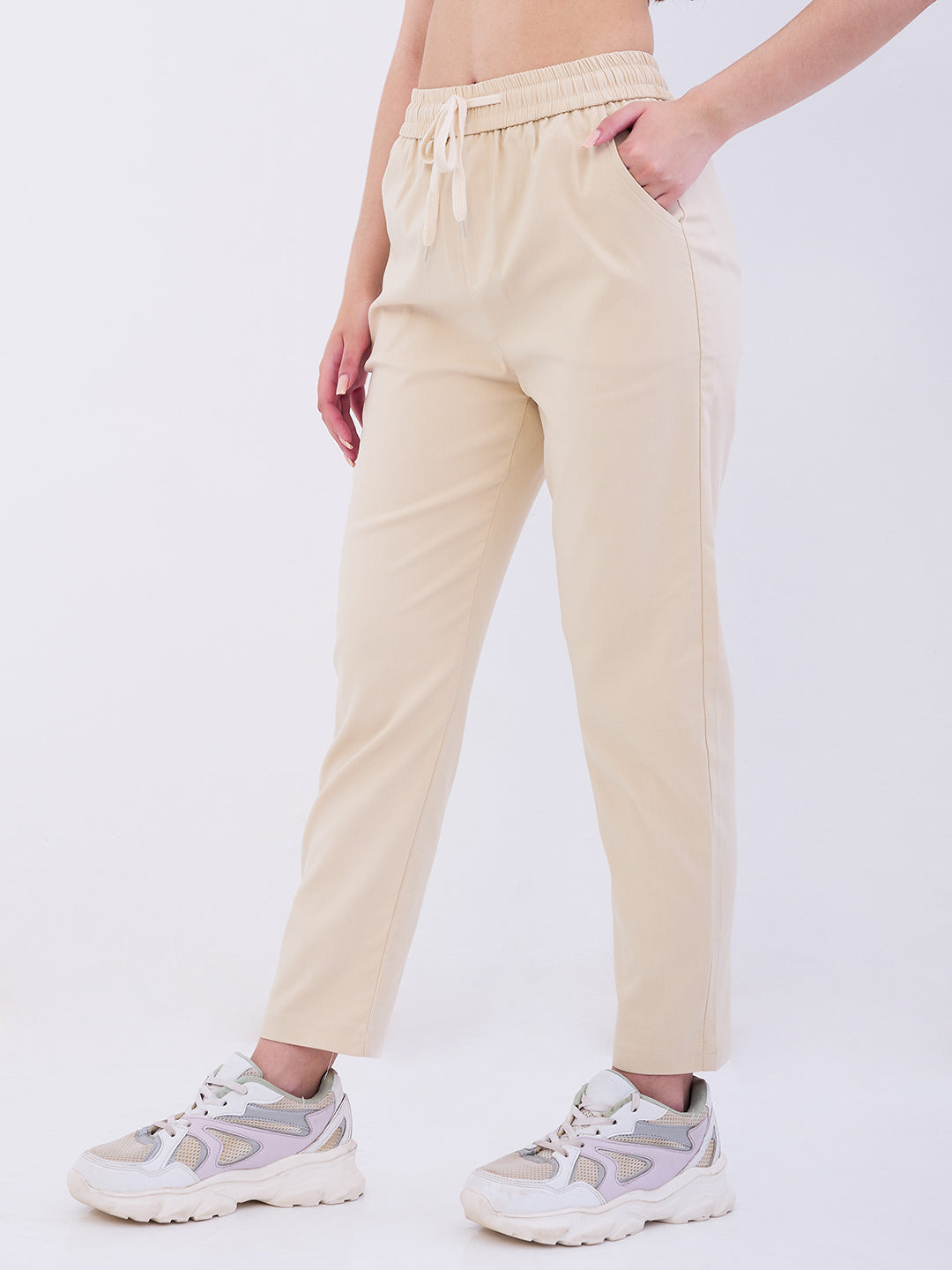 Women Trouser Slim Fit Beige Mid Rise
