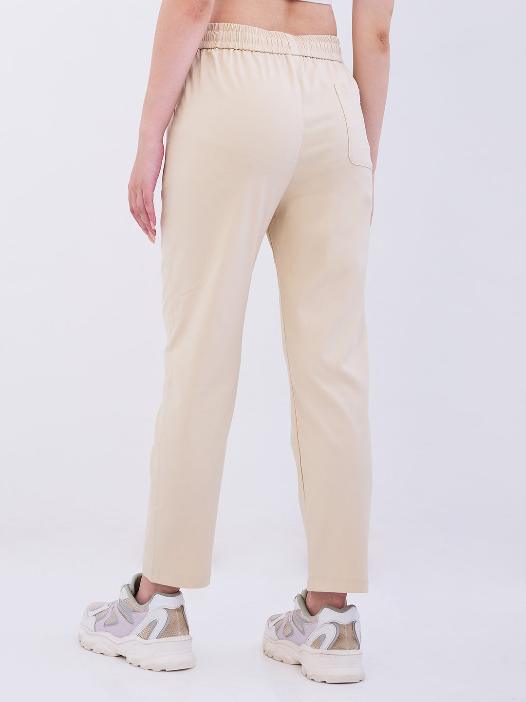 Women Trouser Slim Fit Beige Mid Rise
