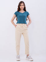 Women Trouser Slim Fit Beige Mid Rise