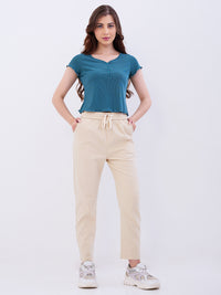 Women Trouser Slim Fit Beige Mid Rise
