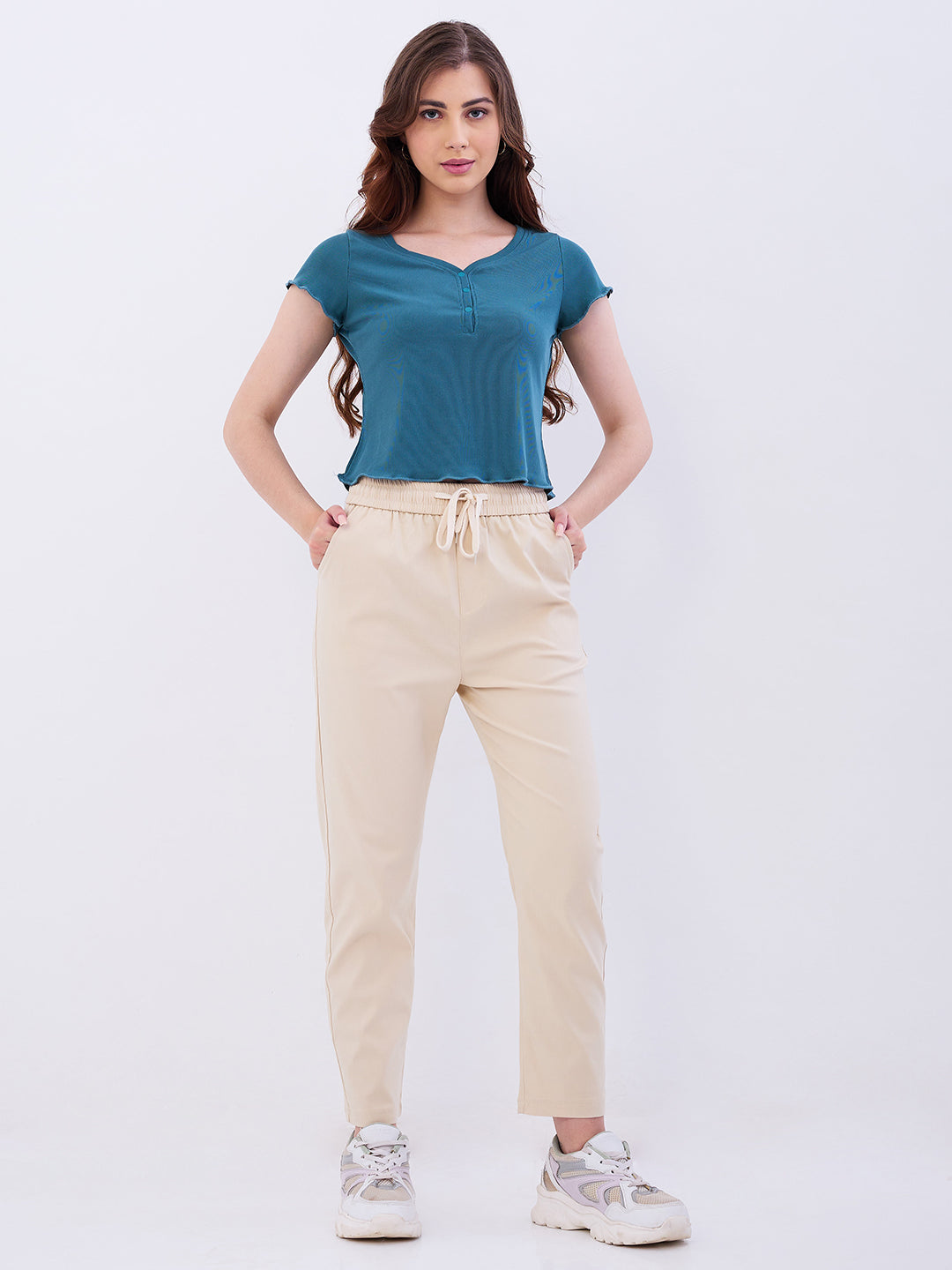 Women Trouser Slim Fit Beige Mid Rise