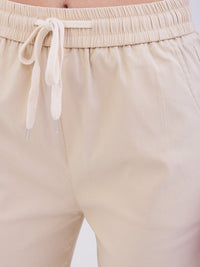 Women Trouser Slim Fit Beige Mid Rise