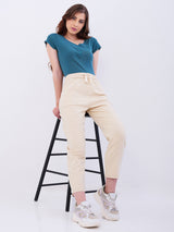 Women Trouser Slim Fit Beige Mid Rise