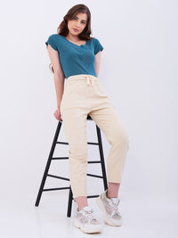 Women Trouser Slim Fit Beige Mid Rise
