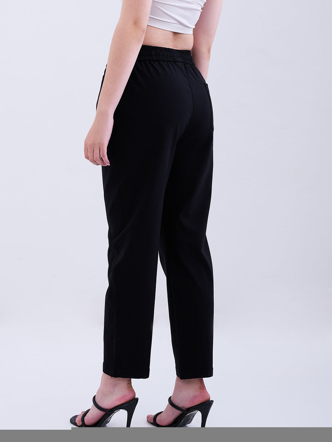 Spykar Black Mid Rise Tapered Fit Casual Trousers For Women